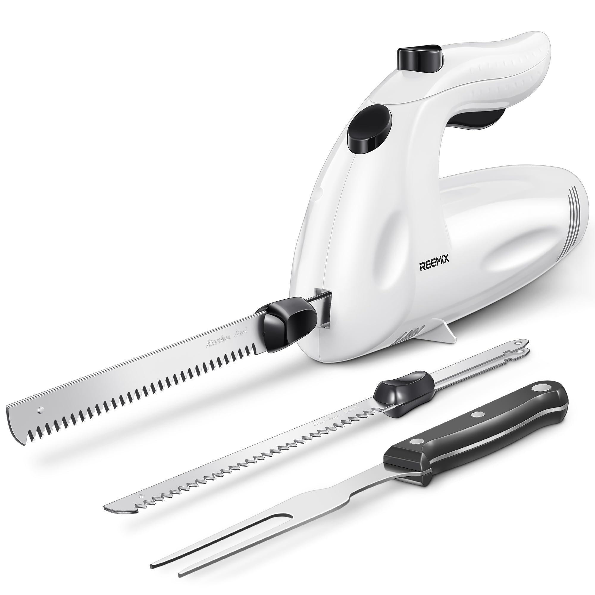 Photo 1 of Reemix Electric Knife With Handle, 150W Powerful Electric Knife Set for Carving Meats, Poultry, Bread, Serving Fork and 2 Carving Blades Included (White with Handle)