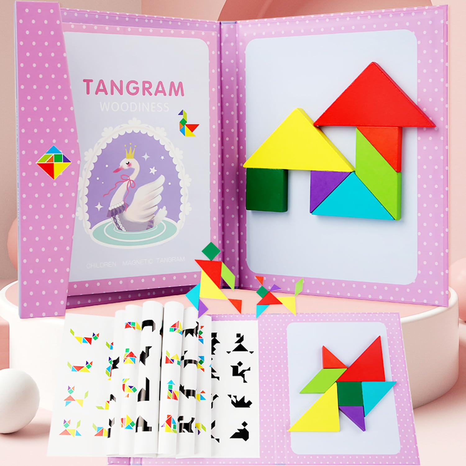 Tangram Puzzle, 96 Patterns Travel Tangram Jigsaw Puzzle Games, Magnetic Wooden Jigsaw Puzzle Suitable for Children's Intellectual Exploration Growth, Educational Toy Brain Teaser Gift for Kids