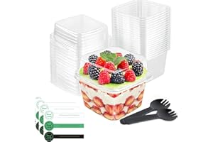 50 Pack Dessert Cups, 8oz/240ml Square Clear Plastic with Lids and Sporks Leakproof Party Cups for Puddings,Mousses,Parfaits,