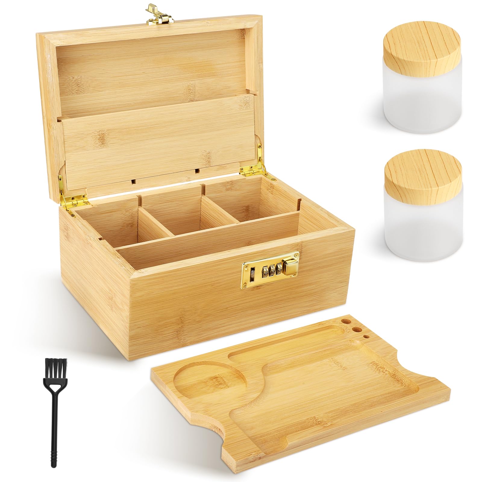 QCXWCJWD Rolling Box Large Bamboo Decorative Box with Combination Lock, Rolling Tray and Glass Storage Jars Brush, Storage Accessory Tools Set for Home Great Gifts