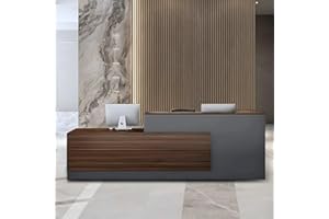 NUIPESN Modern L-Shaped Reception Desk with Hutch, Office Reception Counter Table with Lockable Drawer and Door Cabinet, Wooden Computer Front Desk (European Oak+lron Gray-Left Cabinet, 110.24" L)