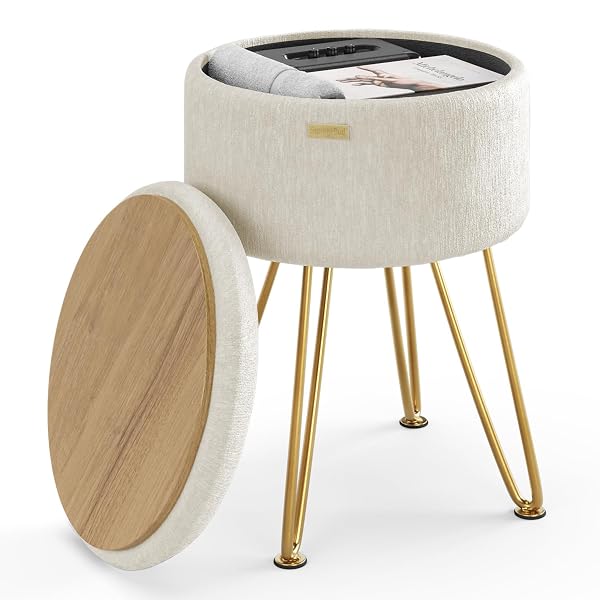 STORAGEBUD ROUND OTTOMAN WITH STORAGE, TEXTURED VELVET STORAGE OTTOMAN, FOOT STOOL OTTOMANS, MAKEUP VANITY STOOL, SMALL OTTOMANS FOOT REST, MODERN VANITY STOOLS FOR LIVING ROOM AND BEDROOM, CREAM
