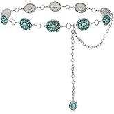 Xiokyo Western Turquoise Concho Belt Silver Cowgirl Chain Belt for Women Boho Accessoires for Dresses
