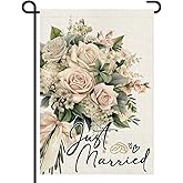 Just Married Wedding Garden Flags for Outside 12x18 Inch Double Sided Burlap, Floral Marriage Welcome Romantic Small Flag Farmhouse Yard Lawn Outdoor Decorations DF946