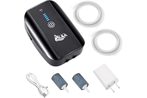 AQQA Aquarium Air Pump, Battery Rechargeable Portable Bubbles Oxygen Pump for Fresh & Saltwater Aquariums with Air Stone, Tubes, USB Cable and Adapter (2.5 W for 1-140Gal Tank)