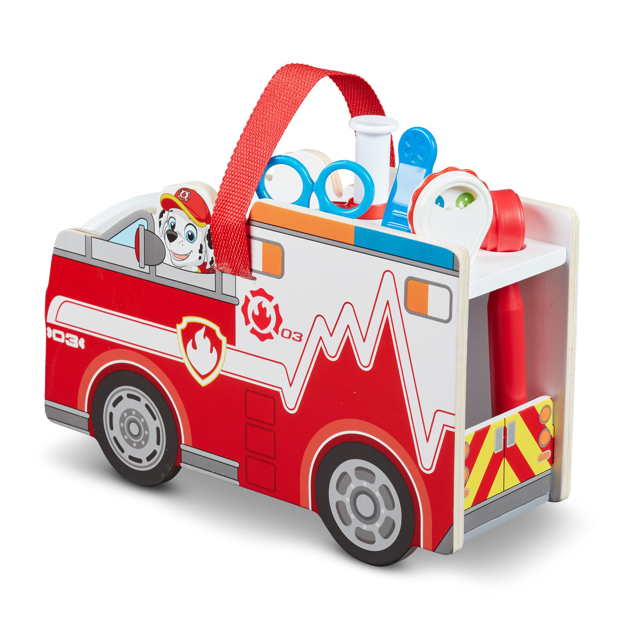 Melissa & Doug PAW Patrol Marshall's Wooden Rescue EMT Caddy – 14-Piece Wooden First Aid Playset with Rescue Truck – Pretend Play Toy for Kids Age 3+