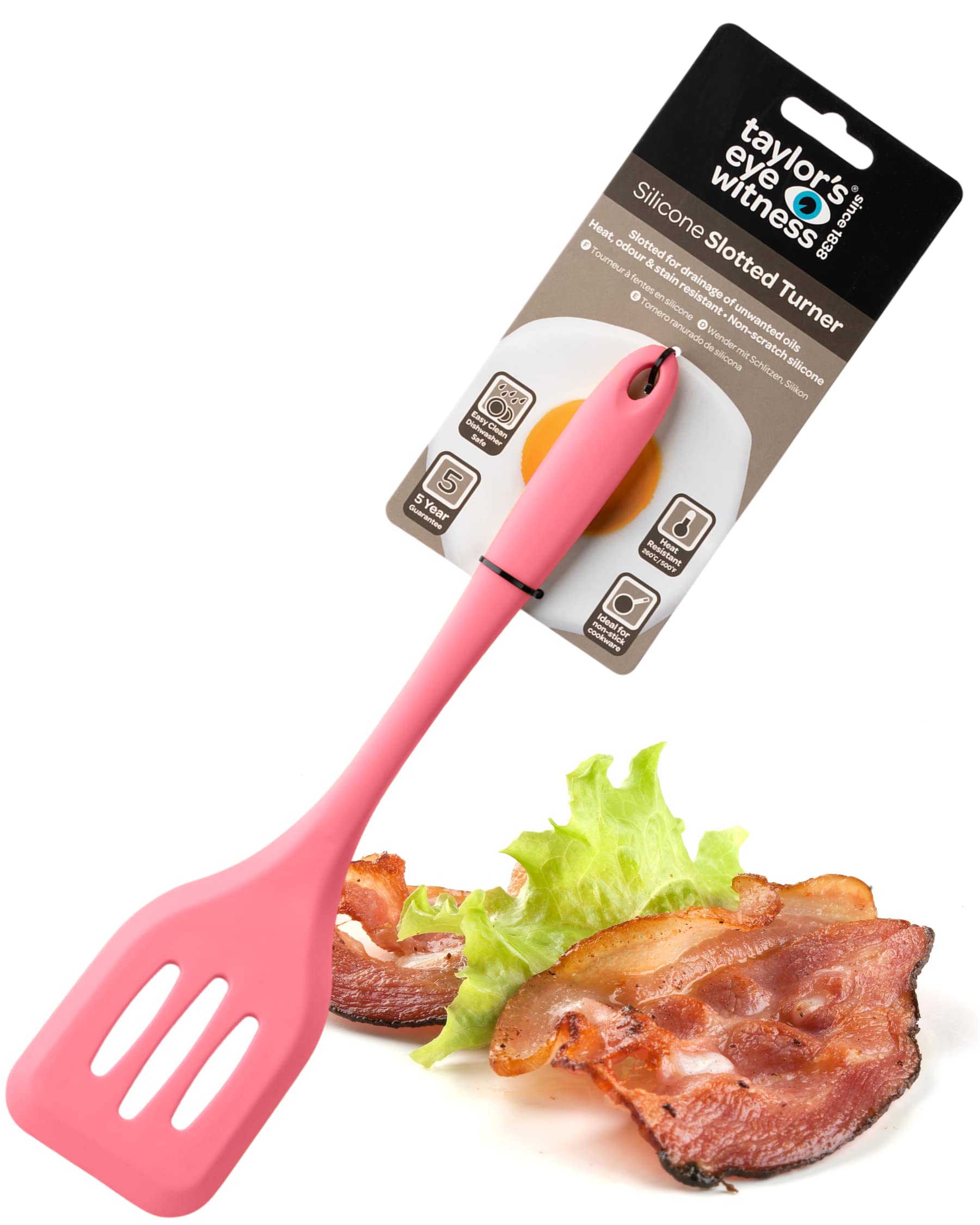 Taylors Eye Witness Large Silicone Raspberry Slotted Spatula - Dishwasher Safe. Great for Non-Stick Frying Pans. Slotted for Drainage. Odour, Stain & Heat Resistant (260°C/500°F). 5 Year Guarantee