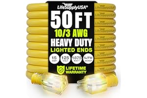 50ft Outdoor/Indoor Extension Cord 10/3 Gauge Ultra Heavy Duty 3 Prong SJTW, Waterproof, Flexible Cold-Resistant Long Power Cord,15A 125V 1875W, Yellow by LifeSupplyUSA
