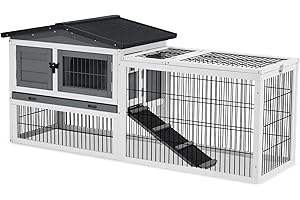 Avocahom Rabbit Hutch Outdoor, 2-Story Wooden Bunny Hutch Rabbit Cage with Run, Openable Roof, Lockable Doors, Ramp, Pull-Out Tray & Trough, Guinea Pig Hutch, Chicken Coop for Small Animals