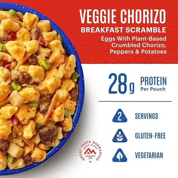 MOUNTAIN HOUSE VEGGIE CHORIZO BREAKFAST SCRAMBLE | FREEZE-DRIED BACKPACKING & CAMPING FOOD | GLUTEN-FREE & VEGETARIAN | 2 SERVINGS