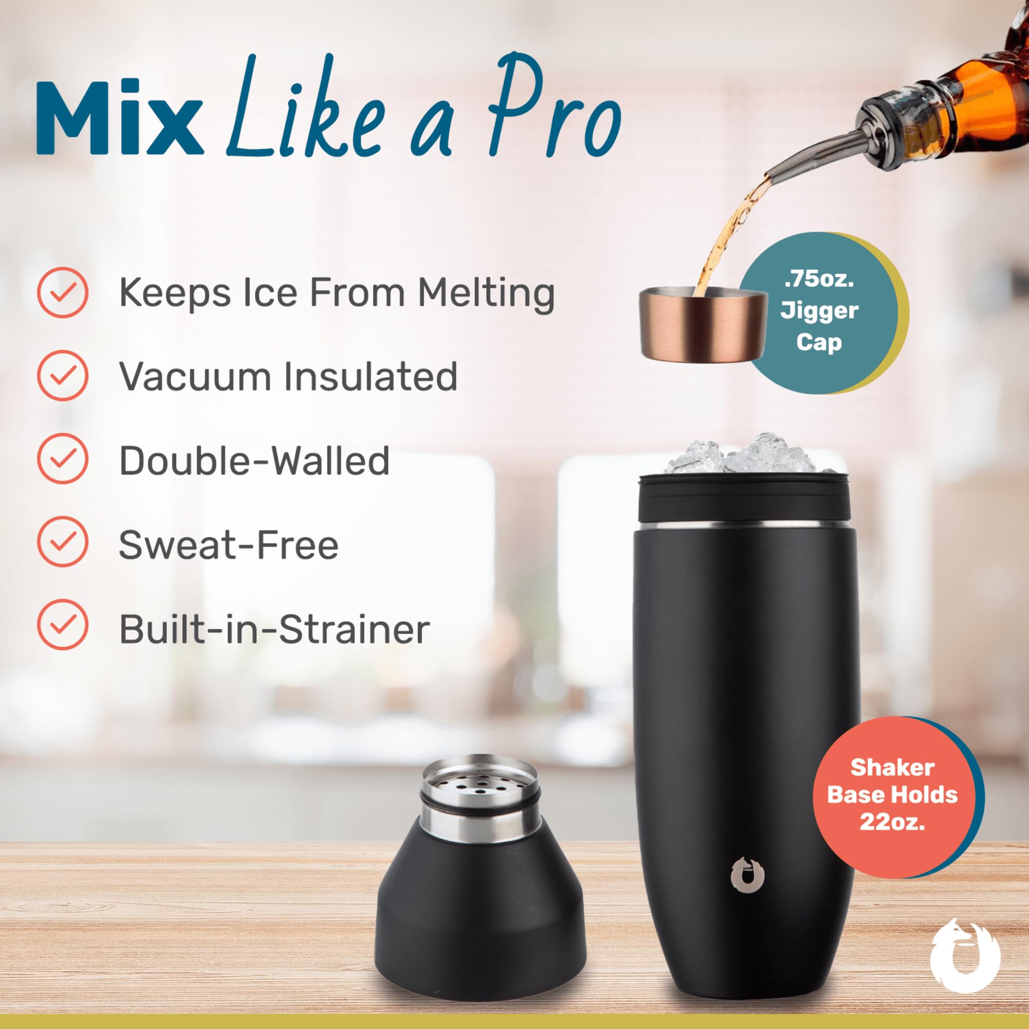 SNOWFOX Premium Vacuum Insulated Stainless Steel Cocktail Shaker, Home Bar Accessories, Elegant Drink Mixer, Leak, Proof Lid With Jigger & Built, In Strainer, Gold, 22oz.