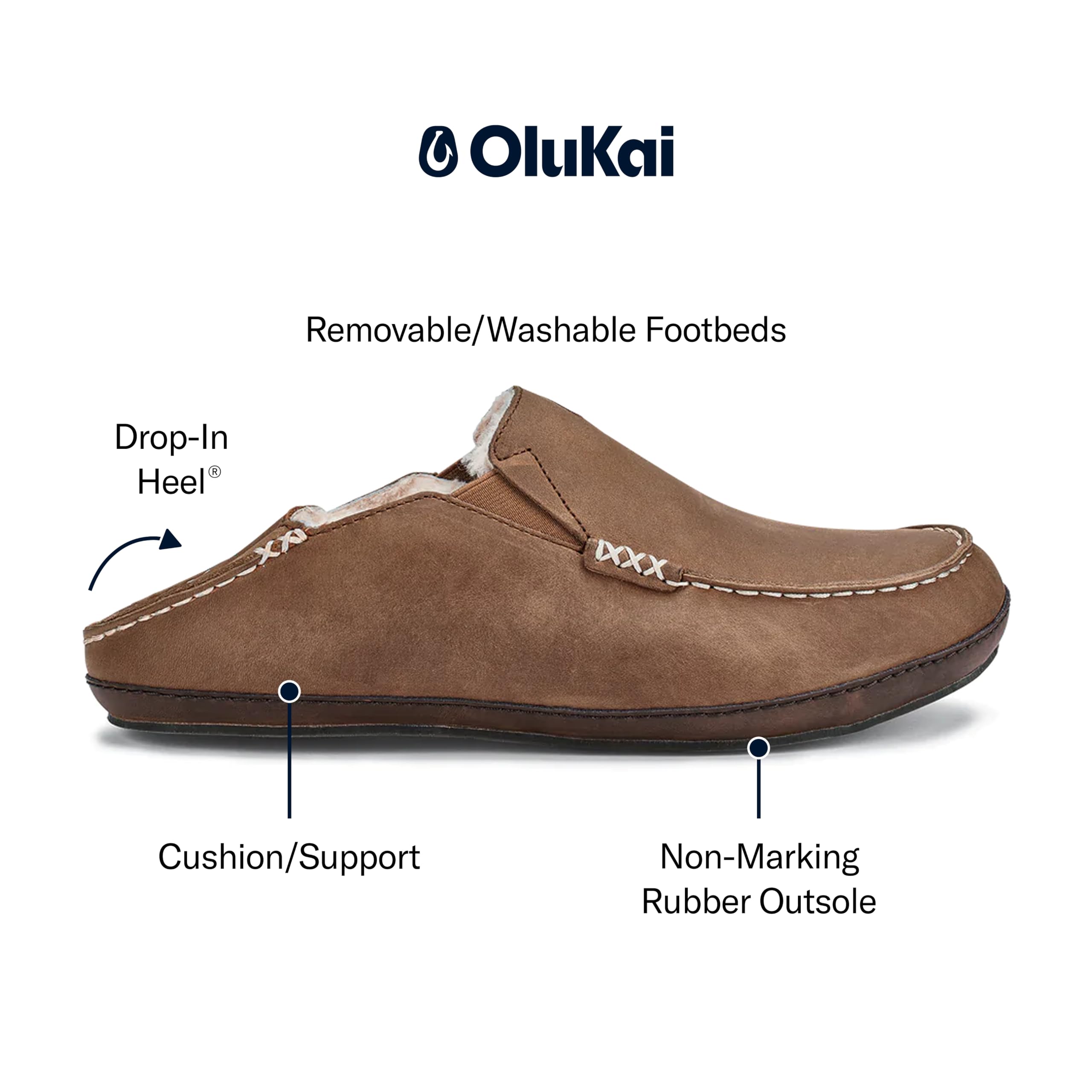 OLUKAI Moloa Slipper, Men's Premium Leather Slip-On Shoes, Soft Genuine Shearling Lining & Gel Insert, Drop-In Heel & All-Day Comfort