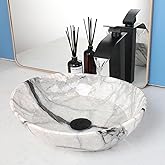 MEKKHALA White Marbling Bathroom Vessel Sink With Black Faucet And Drain 16"x13" Oval Vessel Sink Ceramic Basin Bowl White Bl