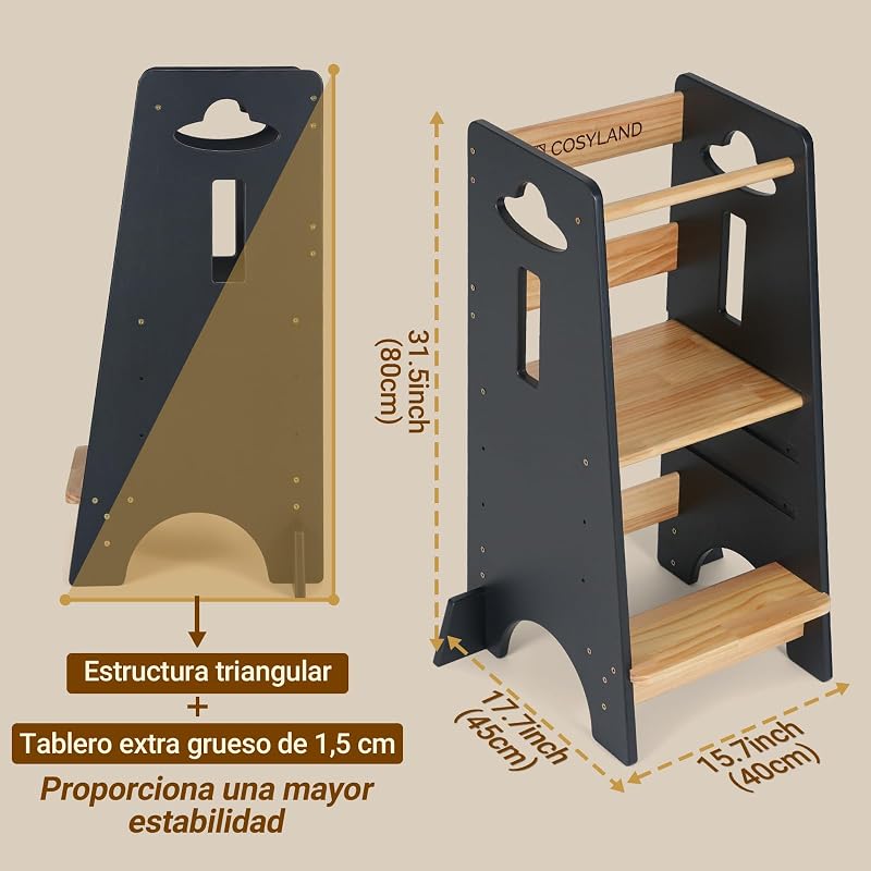 Torre de Aprendizaje para Niños - Torre de Aprendizaje de Madera para Bebés de 1 a 6 Años - Altura Ajustable en 3 Niveles - 80CM - Gris Clásico y Natural