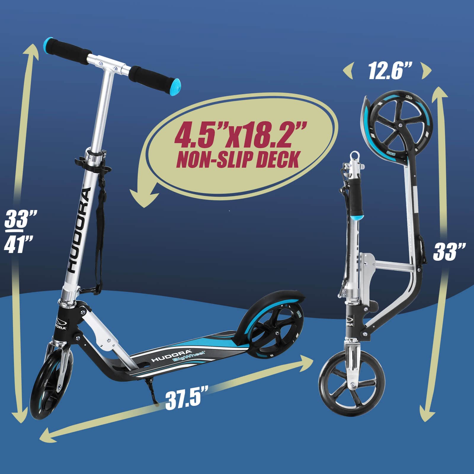 HUDORA Adjustable Height Folding Scooter for Kids, Blue, 8 Inch Big Wheels