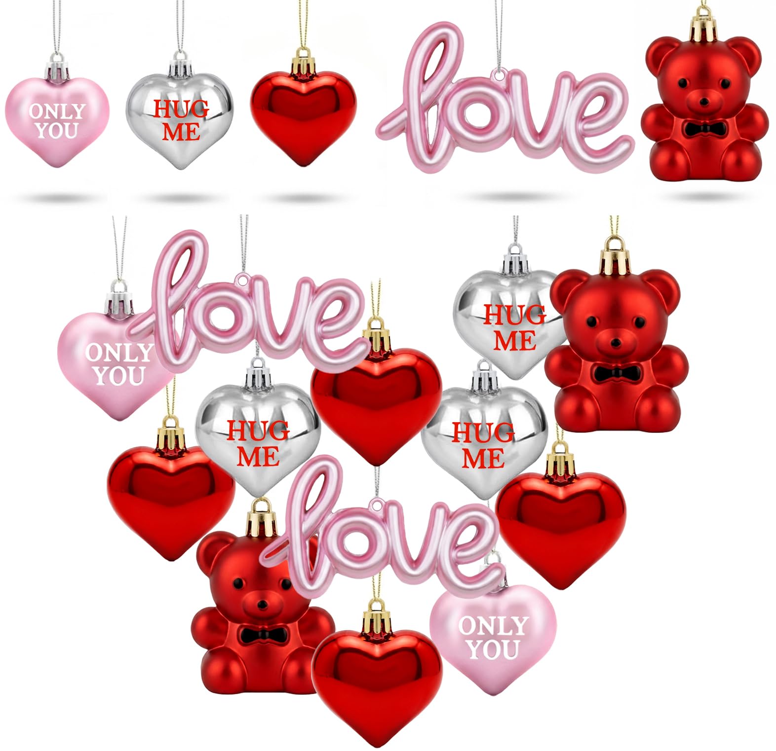 Photo 1 of 16pcs Valentines Day Decorations Heart Ornaments for Tree Romantic Hanging Ornaments for Christmas Tree Bear Heart Shaped Valentines Decor for Wedding Xmas Valentine Anniversary