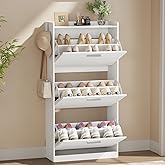 Draelibor Shoe Cabinet Organizer with 3 Flip Drawers & 3-Tier Adjustable Shelves, Freestanding Shoe Rack Cabinet, Narrow Shoe Storage for Entryway, Foyer, Hallway, White, 23.6" W × 9.4" D × 47.2" H