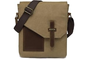 Messenger Bag,VASCHY Vintage Shoulder Bag Small Canvas Leather Lightweight Crossbody Bag Khaki