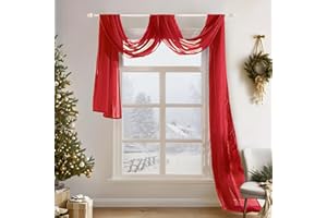 MIULEE Christmas Sheer Window Scarf Valance Extra Long Topper Elegant Swag Curtains Luxury Draping Fabric for Wedding Arch Party Ceremony Canopy Bed Living Room, 37'' x 216'', 1 Panel Red