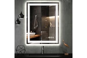 VanPokins LED Bathroom Mirror, 24x32 Inch Gradient Front and Backlit LED Mirror for Bathroom, 3 Colors Dimmable CRI>90 Double Lights, IP54 Enhanced Anti-Fog, Hanging Plates Vanity Mirror with Lights