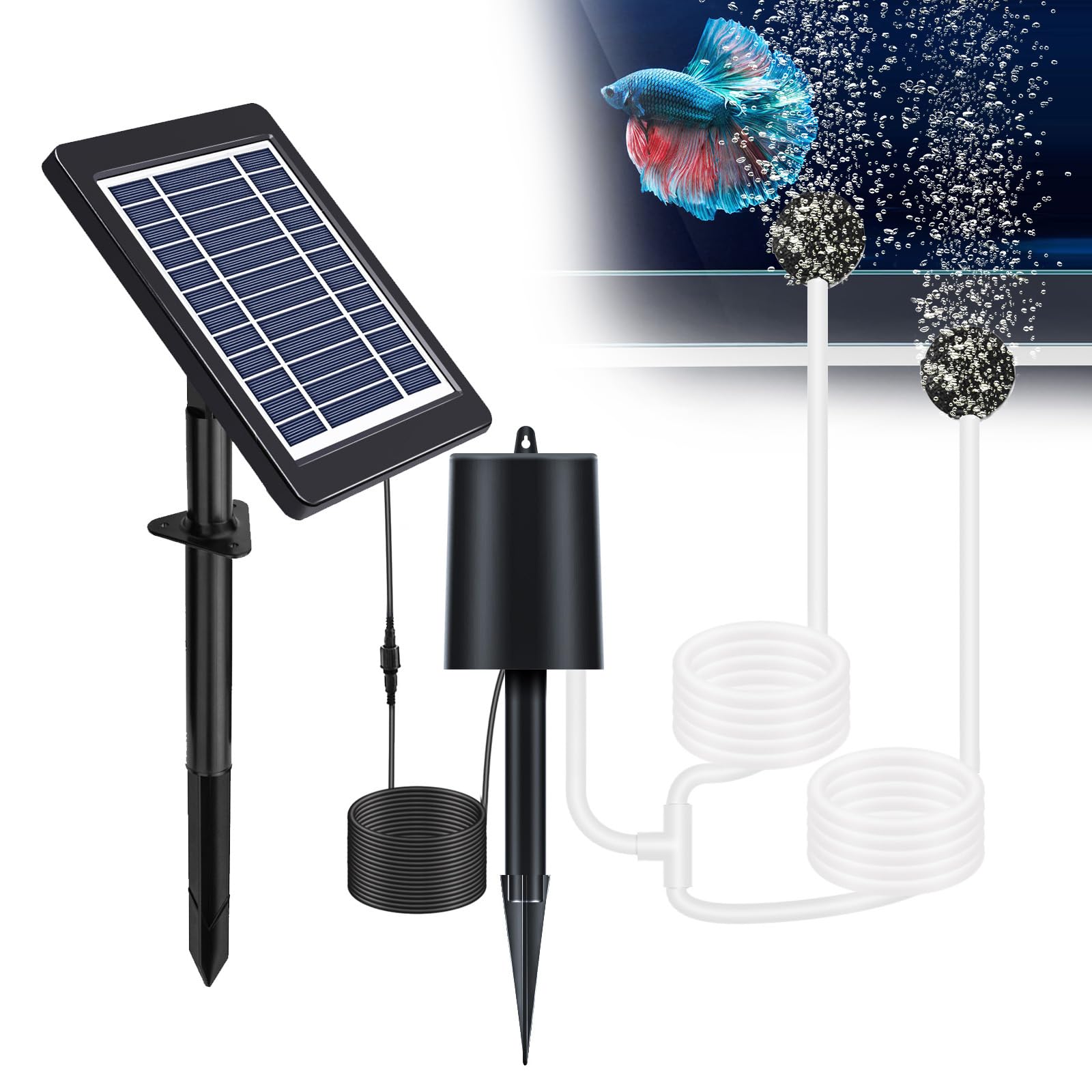 Sunydog Solar Powered Air Pump Kit, Solar Pond Aerator with Air Pump 3 Modes 4W Air Oxygen Pump with Pipe 2 Air Bubble Stones No Noise Solar Powered Pond Aerator for Pond Stock Tank Fishing