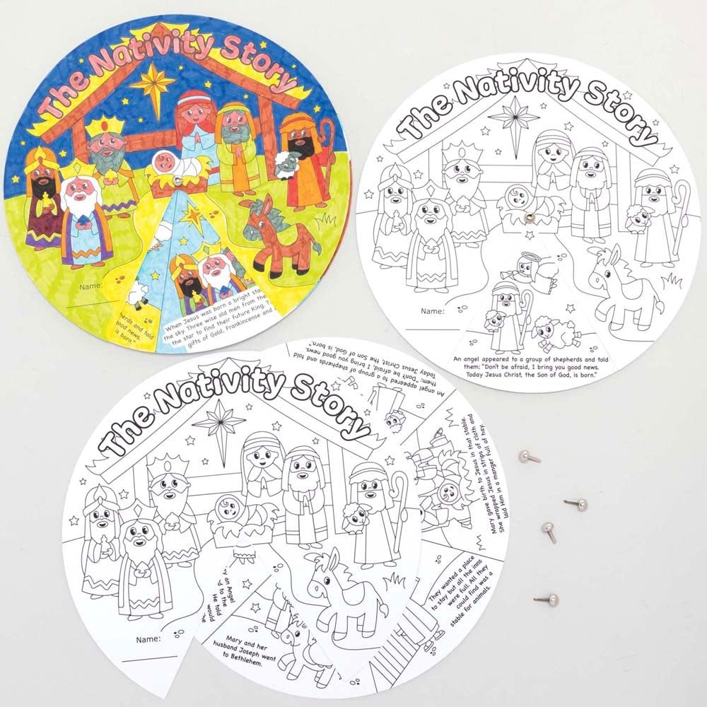 Baker Ross FC290 Nativity Colour In Story Wheel - Pack of 5, Christmas Crafts for Kids, Colouring in Activity for Children, Nativity Story Craft Set, White