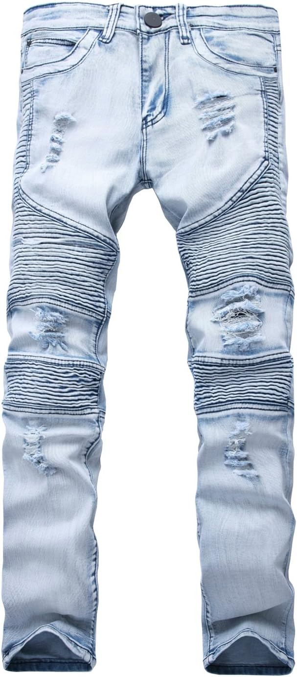 Men's Ripped Slim Straight fit Biker Jeans with Zipper Deco
