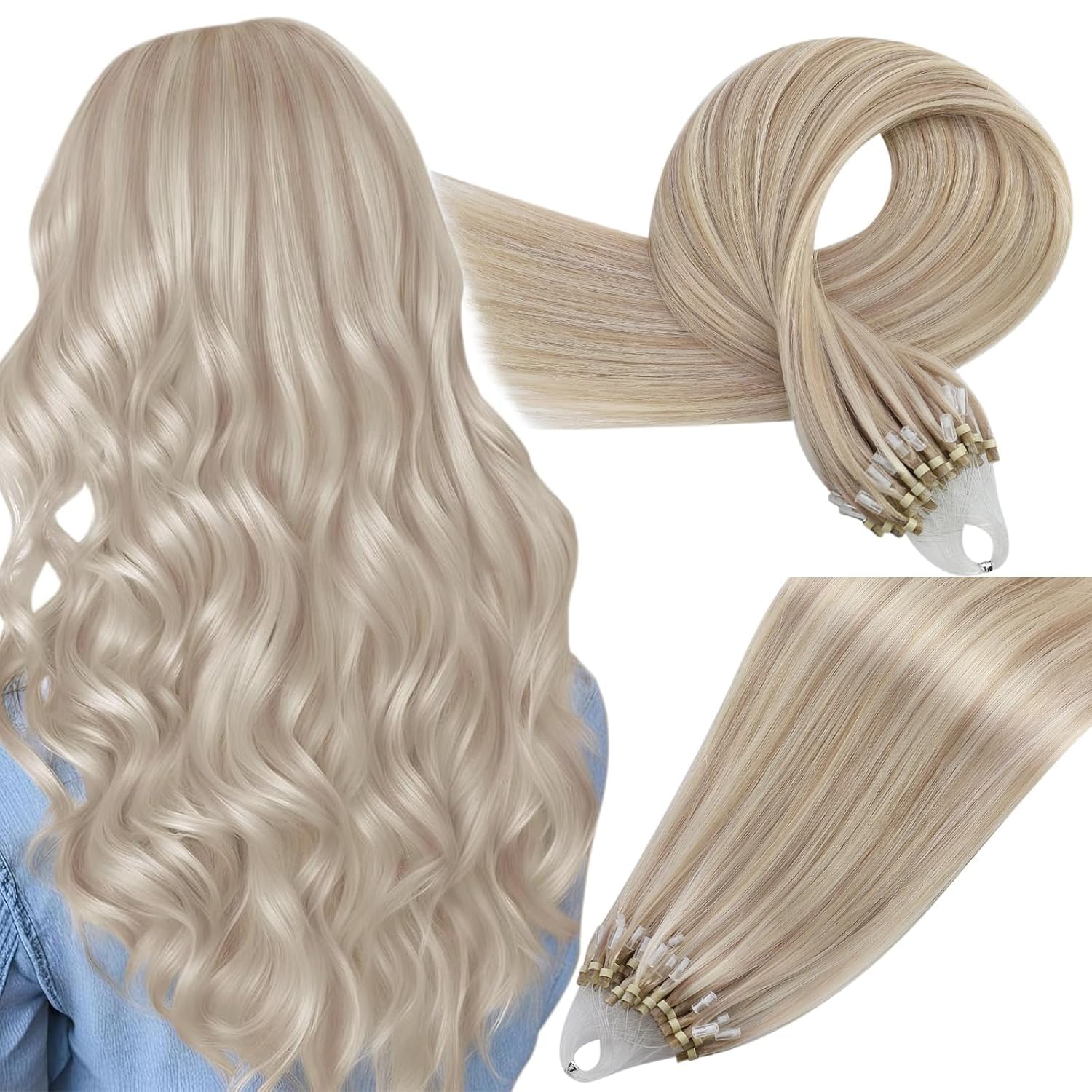 Easyouth Micro Link Human Hair Extensions Blonde Highlight Micro Ring Hair Extensions Real Human Hair 22 Inch 50g/50s Ash Blonde Micro Loop Hair Extensions Real Human Hair Long — image 1