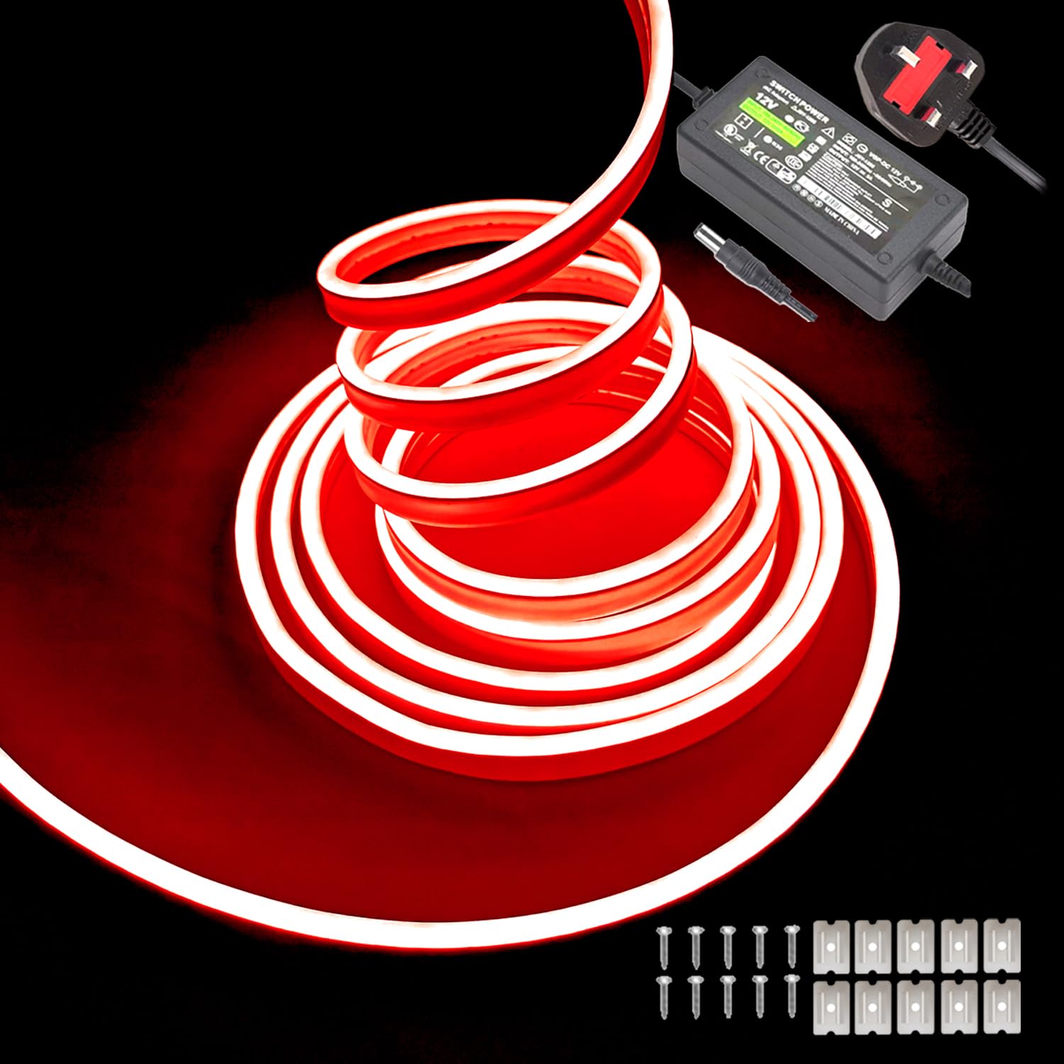 Gcidto Flexible 5M Red Neon LED Strip Lights，12V DC 600 LEDs Waterproof SMD2835 for DIY Decor Lights for Parties, Bars, Bedrooms, Store Signs(Includes Power Adapter).