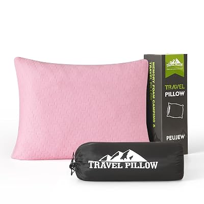 PEUJEW Small Shredded Memory Foam Pillow, Camping Pillow Travel Pillow - Compressible Medium Firm, Breathable Cover, Ideal Backpacking Hiking, Airplane and Car (Apricot Pink, M)