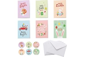 Happy Easter Greeting Cards Multipack of 6 Different Designs, Easter Card with Envelopes and Stickers, Bunny Egg Easter Gift 
