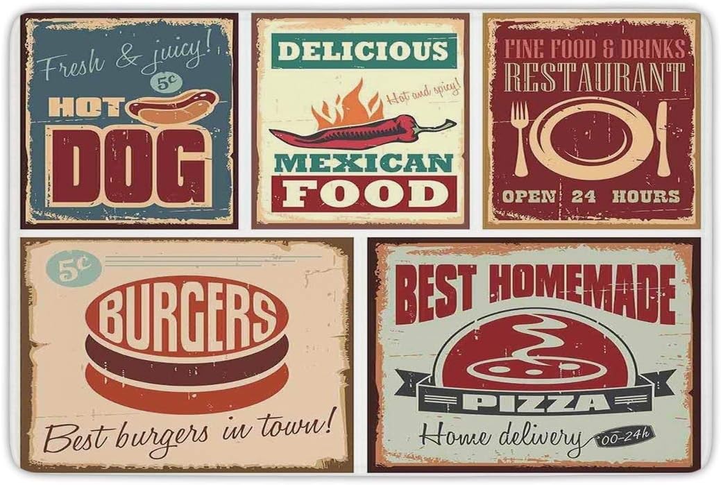 Bathroom Bath Rug Kitchen Floor Mat Carpet,1950s Decor,Nostalgic Tin Signs and Retro Mexican Food Prints Aged Advirtising Logo Style Artistic Design,Multi,Flannel Microfiber Non-slip Soft Absorbent