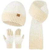 Winter Beanie Hat Scarf Gloves Set for Women, Warm Soft Knit Skull Cap Long Scarf Touchscreen Gloves 3 in 1 Set for Women/Men