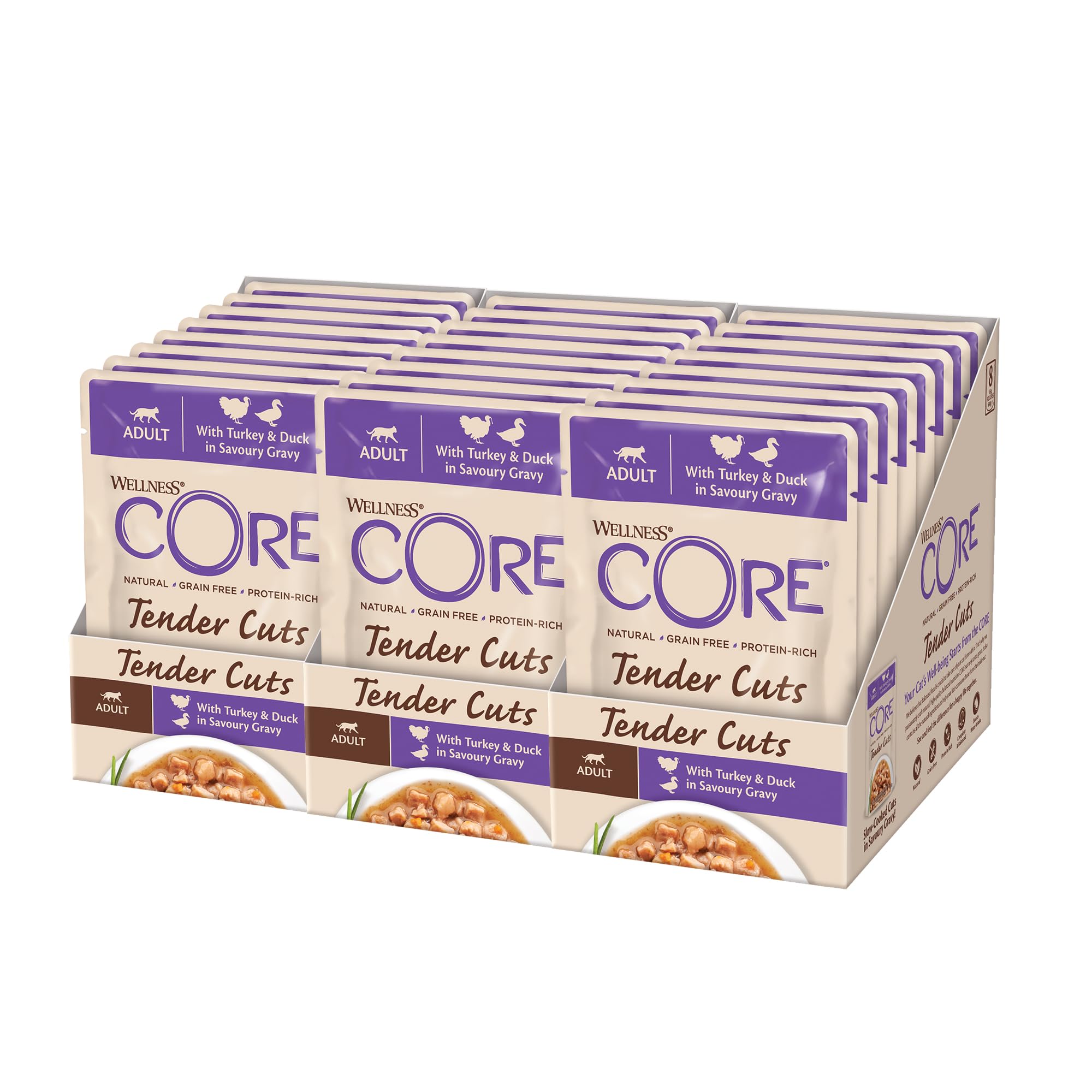 Wellness CORE Tender Cuts 24 x 85g, Turkey & Duck – Wet Cat Food, Tender Pieces in Sauce, Grain-Free, Natural, Hypoallergenic, Protein-Rich, High Meat Content