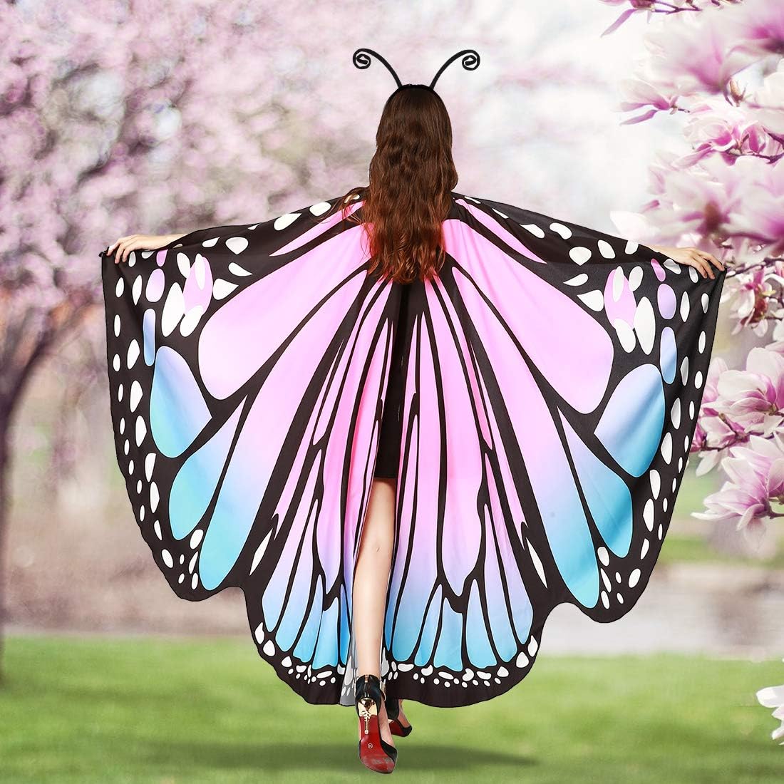 Women’s Butterfly Halloween Costume Set – Wing Cape, Lace Mask & Velvet Antenna Headband (3-Piece)