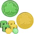 SpinLaLa St. Patrick's Day Gold Coins - 100 Pieces Gold Green Lucky Coins Plastic Shamrock Leprechaun Coins, 3-Leaf Clover Co