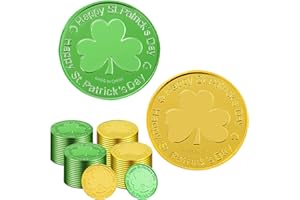 SpinLaLa St. Patrick's Day Gold Coins - 100 Pieces Gold Green Lucky Coins Plastic Shamrock Leprechaun Coins, 3-Leaf Clover Coin for Party Decoration Favors