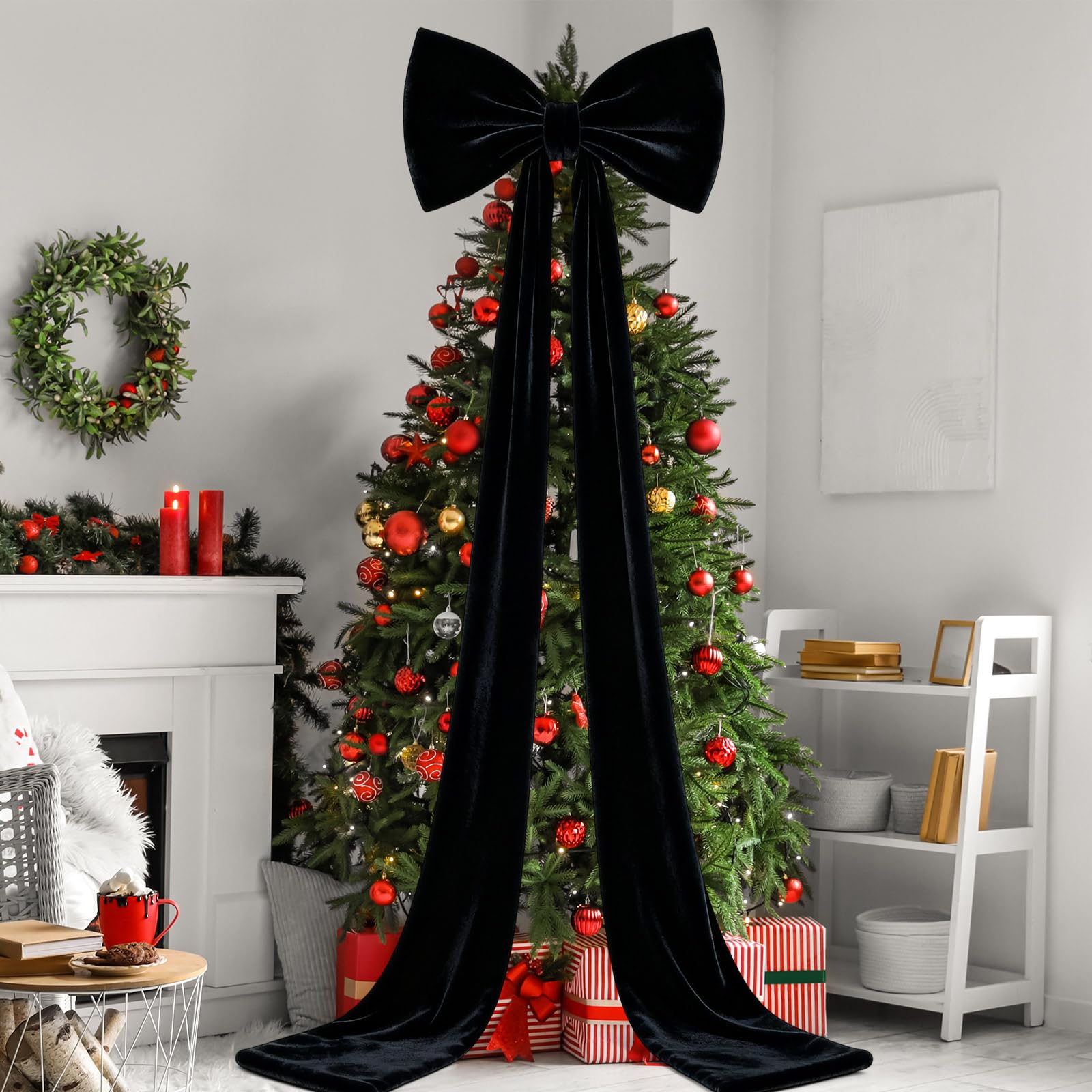 Photo 1 of 118 x 31 Inch Giant Christmas Tree Topper Bow Extra Large Velvet Bow for Christmas Decoration Huge Xmas Tree Bows with Streamers for Home Holiday Birthday Wedding Party Decor Supplies (Black)