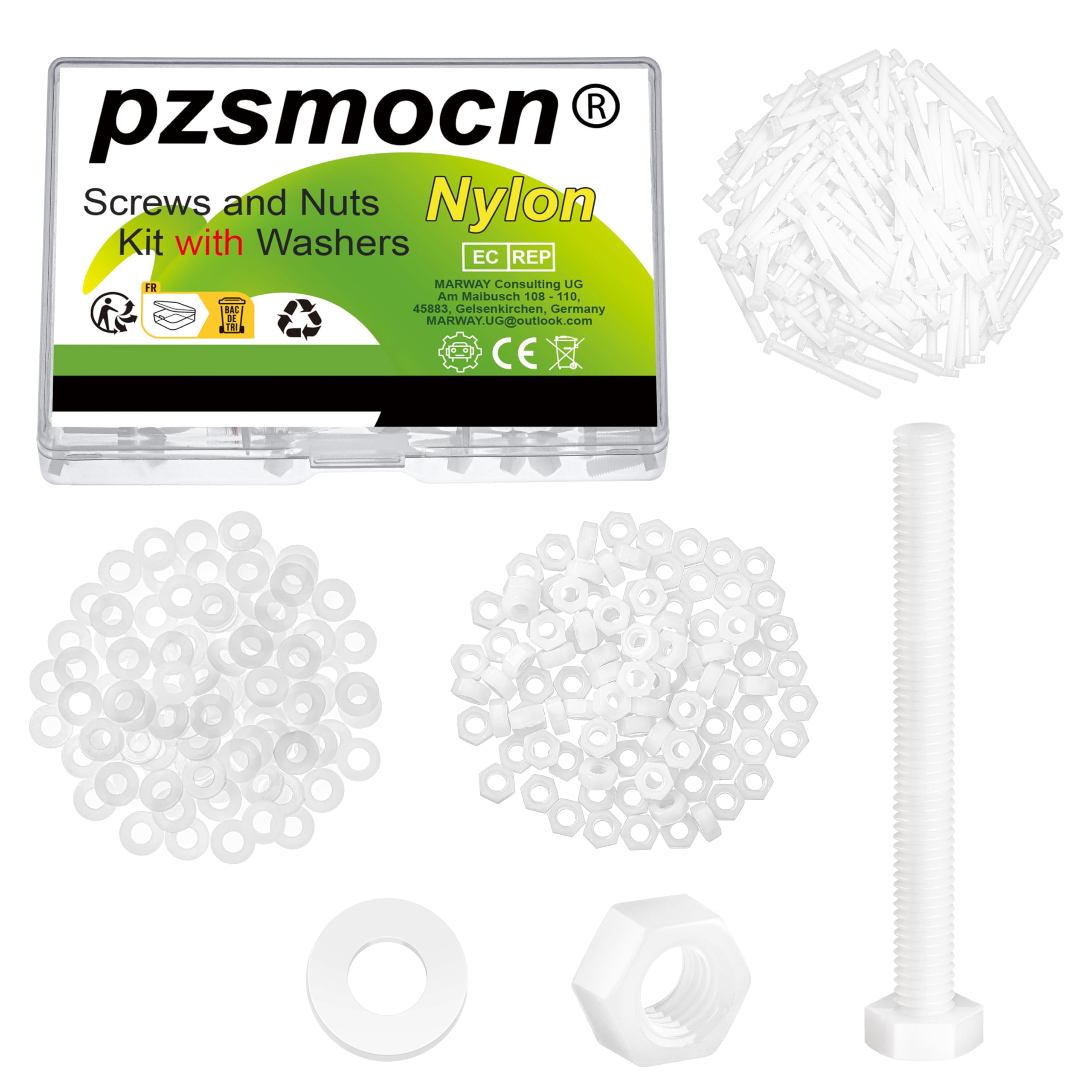 Pzsmocn 300 Pieces/100 Sets M3*30 mm Plastic White Nylon Outer Hexagon Screw Nut Combination Kit, with Insulating Washers, Standard Size, For DIY and Electronic Assembly. — image 1