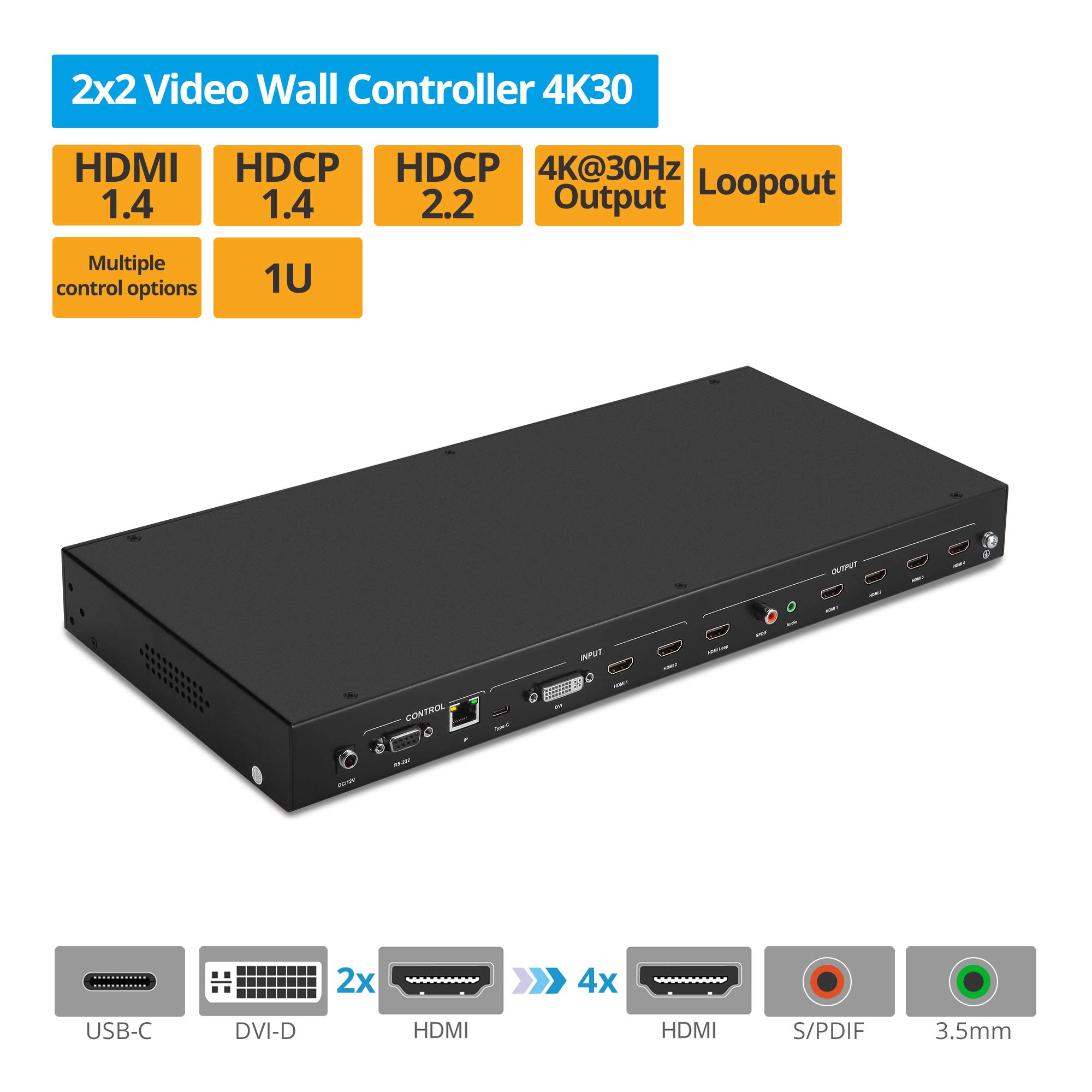 gofanco 2x2 Video Wall Processor– Up to 4K 30Hz, Four Switchable Inputs, 9 Modes, Cascade-able, Loopout, 180º Rotation, Edge Correction, 1U, Web GUI, S/PDIF Coax & Stereo Audio Extract (Videowall22)