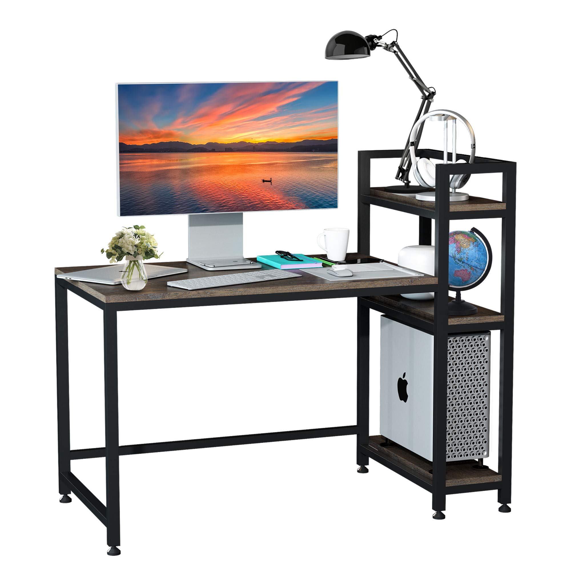 F&R Computer Desk with 3- Tiers Shelves, 54’’ Modern Writing Study Desk with Printer Space for Teens, College Crafting Desk with Storage for Bedrooms, Home, Office, Workstation, Easy to Assemble, Wood