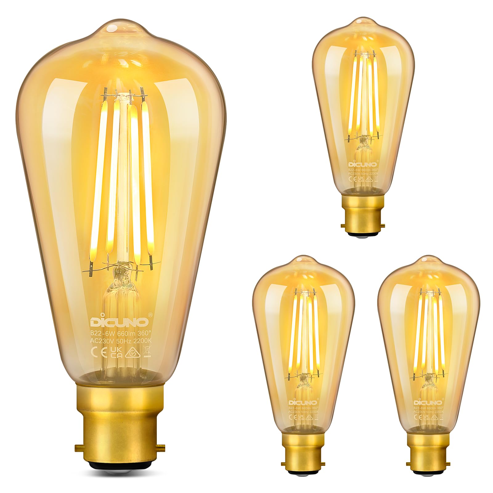 DiCUNO ST64 Vintage Light Bulb B22 6W, 60 Watt Equivalent, Antique/Retro Amber Glass Lamp, 2200K Warm White, Not-dimmable, Bayonet LED Filament Lamp Squirrel Cage, 660LM, 4 Pcs