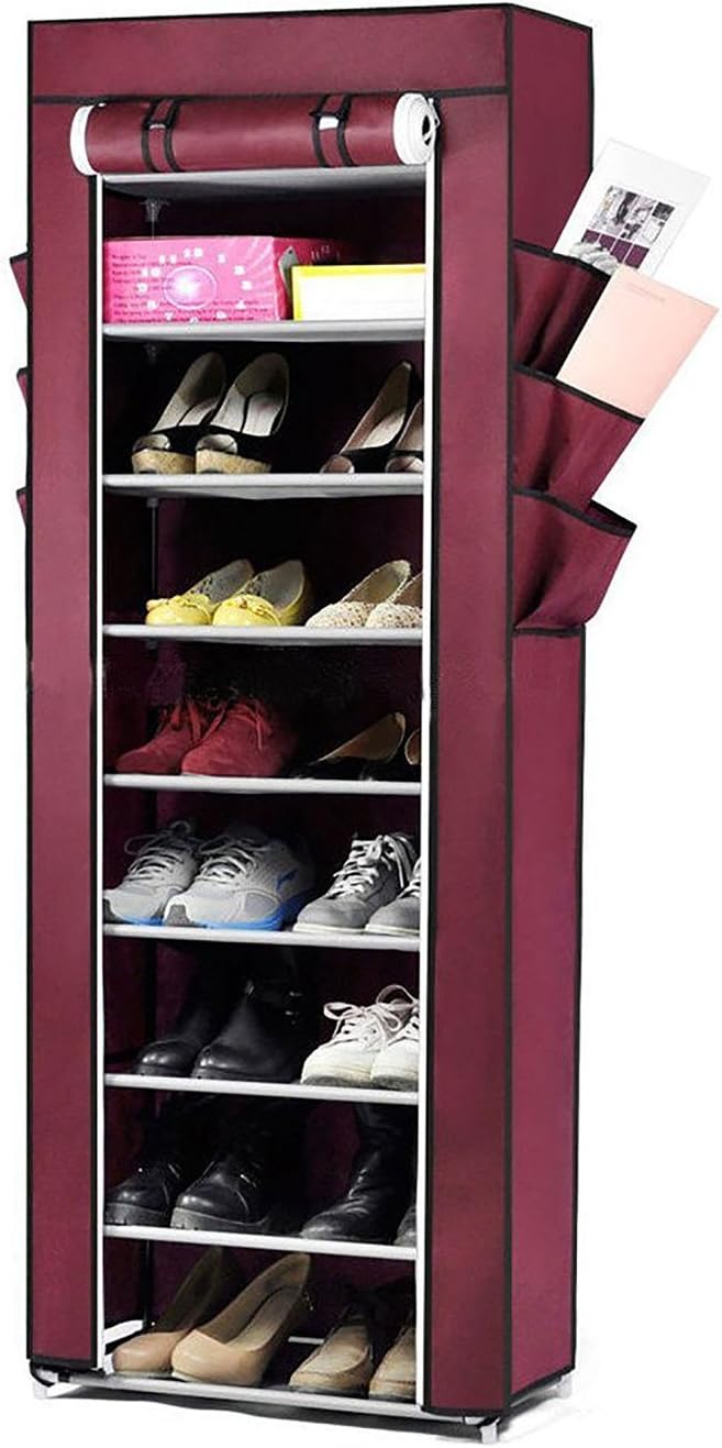Styleys Fancy 9 Layer Portable Multi Utility Shoe Rack Organizer With Dustproof Cover Closet ,30-Pair Shoes Rack Storage Cabinet Organizer,(Wine Red)