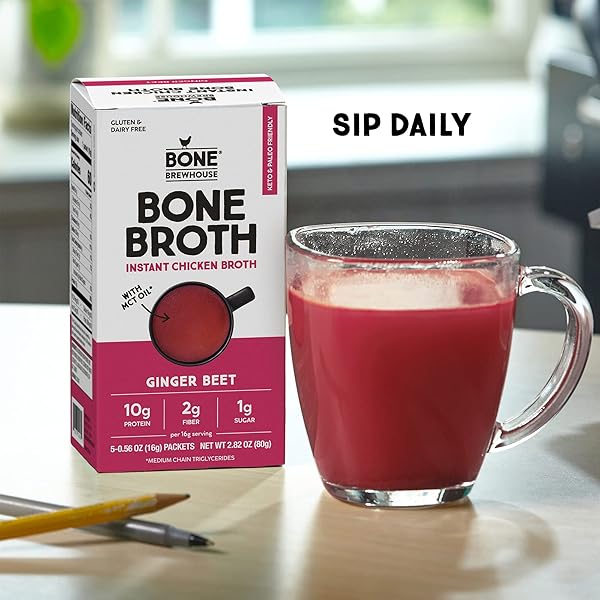 BONE BREWHOUSE – CHICKEN BONE BROTH PROTEIN POWDER – GINGER BEET FLAVOR – KETO & PALEO FRIENDLY – INSTANT SOUP BROTH – 10G PROTEIN – NATURAL COLLAGEN, GLUTEN-FREE & DAIRY FREE – 5 INDIVIDUAL PACKETS