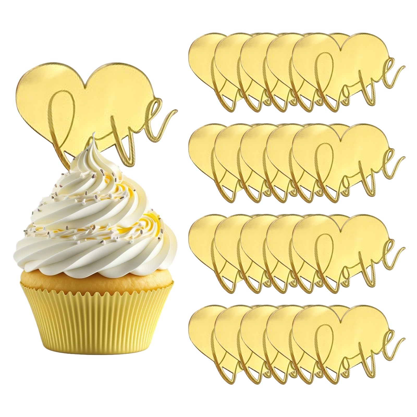URROMA Love Heart Cake Topper, 20pcs Gold Acrylic Cake Disc Mirror Heart Cake Topper for Valentine's Day Engagement Anniversary Bridal Shower Party Cake Decor