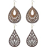 Wovanoo Wood Teardrop Earrings 2 Pairs Natural Wooden Dangle Earrings Gifts for Women Girls