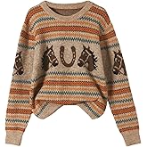 WDIRARA Women's Graphic Sweaters Crew Neck Long Sleeve Pullover Retro Vintage Knit Tops
