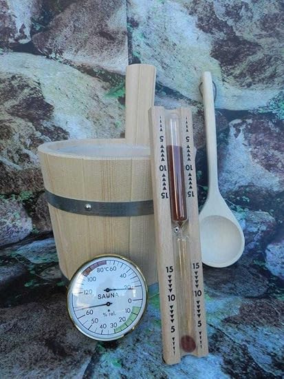 Achleitner Sauna Badset 4-teilig, Saunakübel aus PEFC zertifizierten Fichtenholz, Kelle, Sanduhr, Thermo-Hygrometer