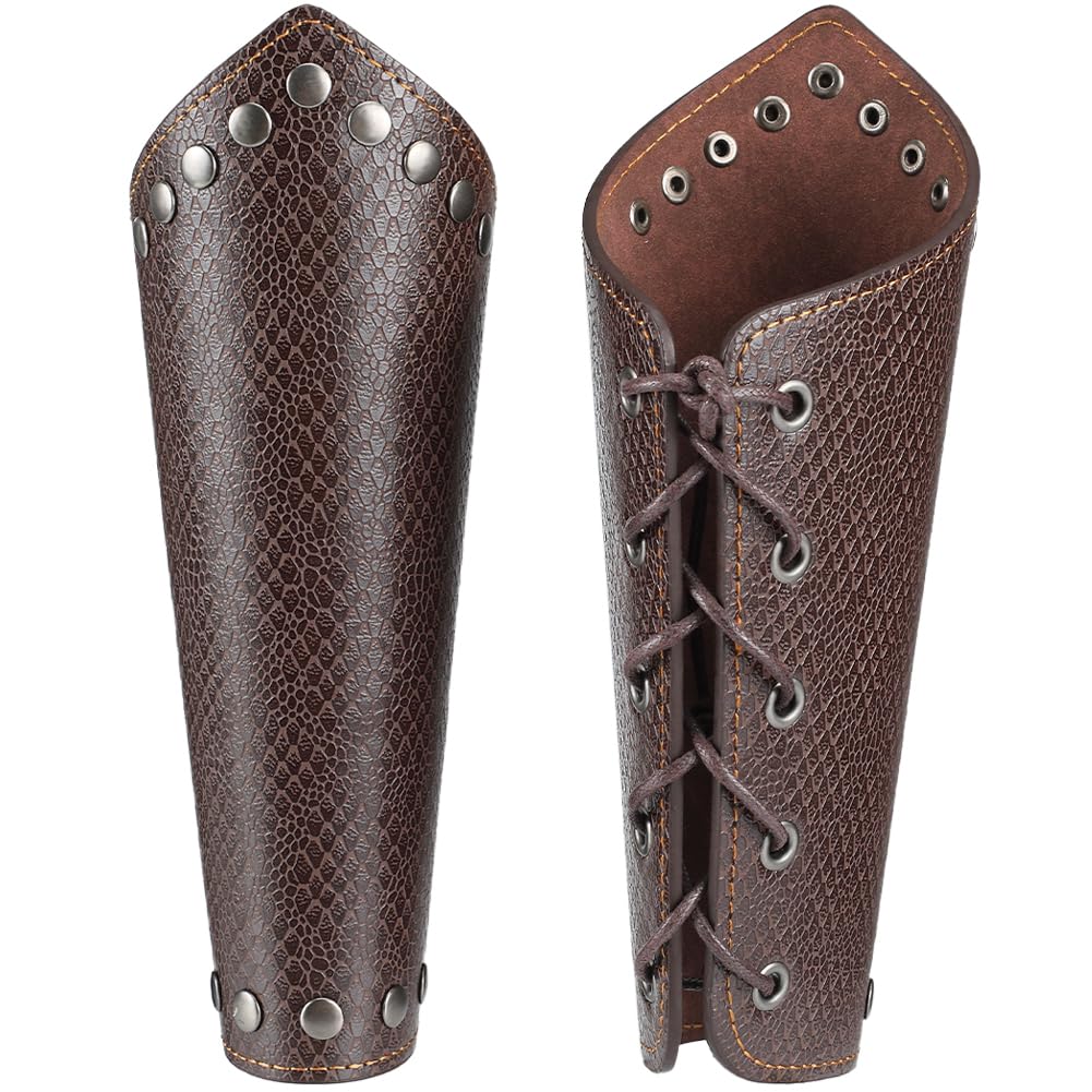 GORGECRAFT 2PCS Leather Arm Guards Medieval Armor Bracers Snakeskin Grain PU Leather Gauntlet Wristband Rivet Leather Arm Armor Cuff for Halloween Warrior Cosplay Knight Costumes, Coconut Brown