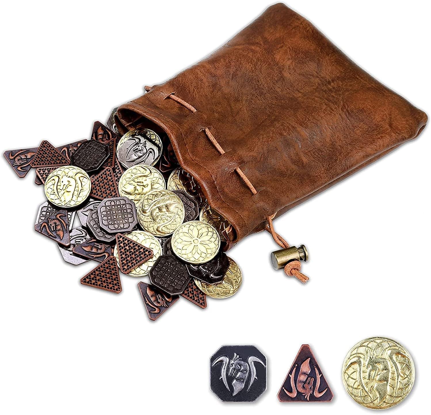 Byhoo 60PCS DND Coins with Leather Pouch, Gold, Silver and Copper in Metal Coins, Fantasy Coin for Board Games, Fake for Games Tokens, Role-Playing Coin of Dungeons and Dragons